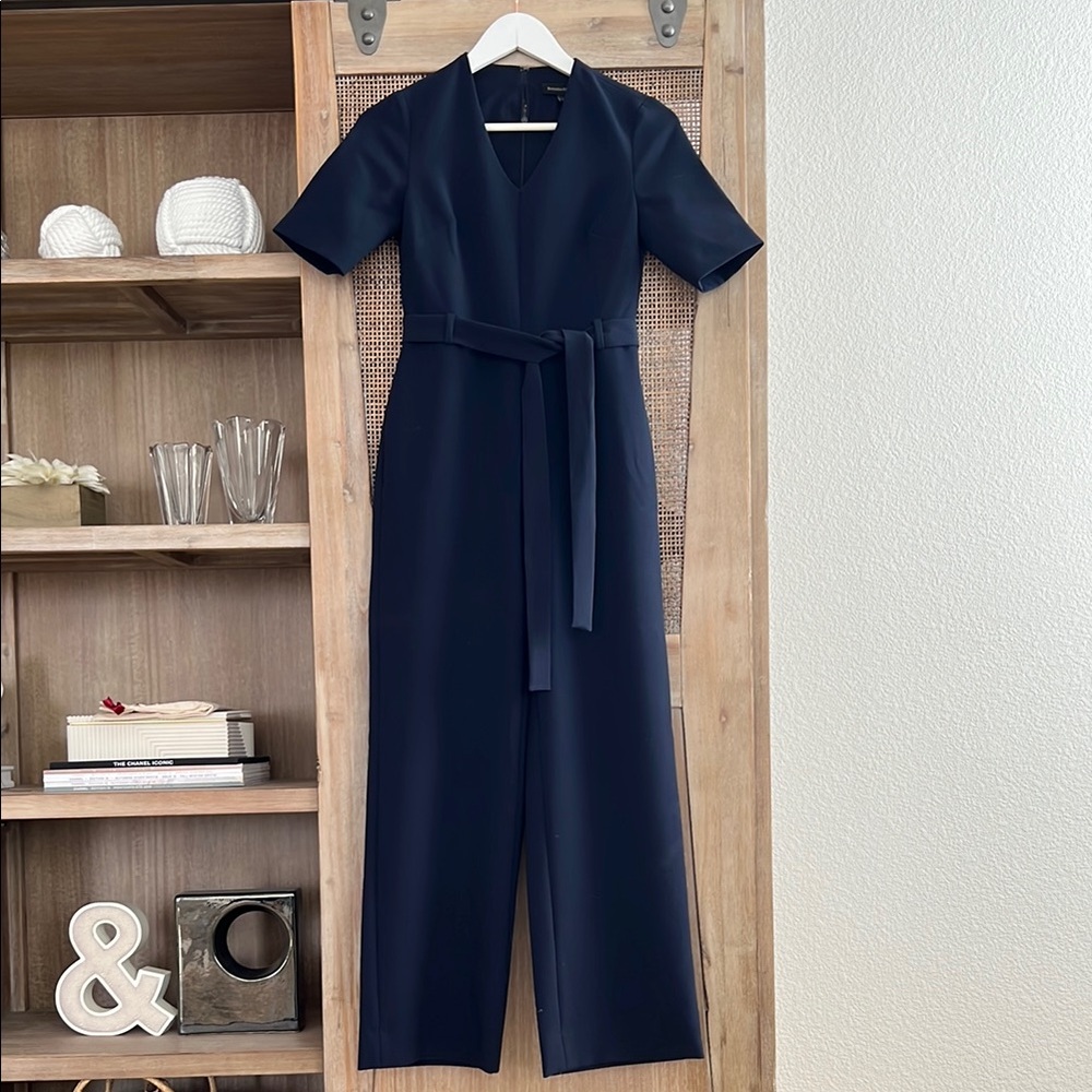 Banana Republic Navy Short-Sleeve V-Neck Jumpsuit with Belt